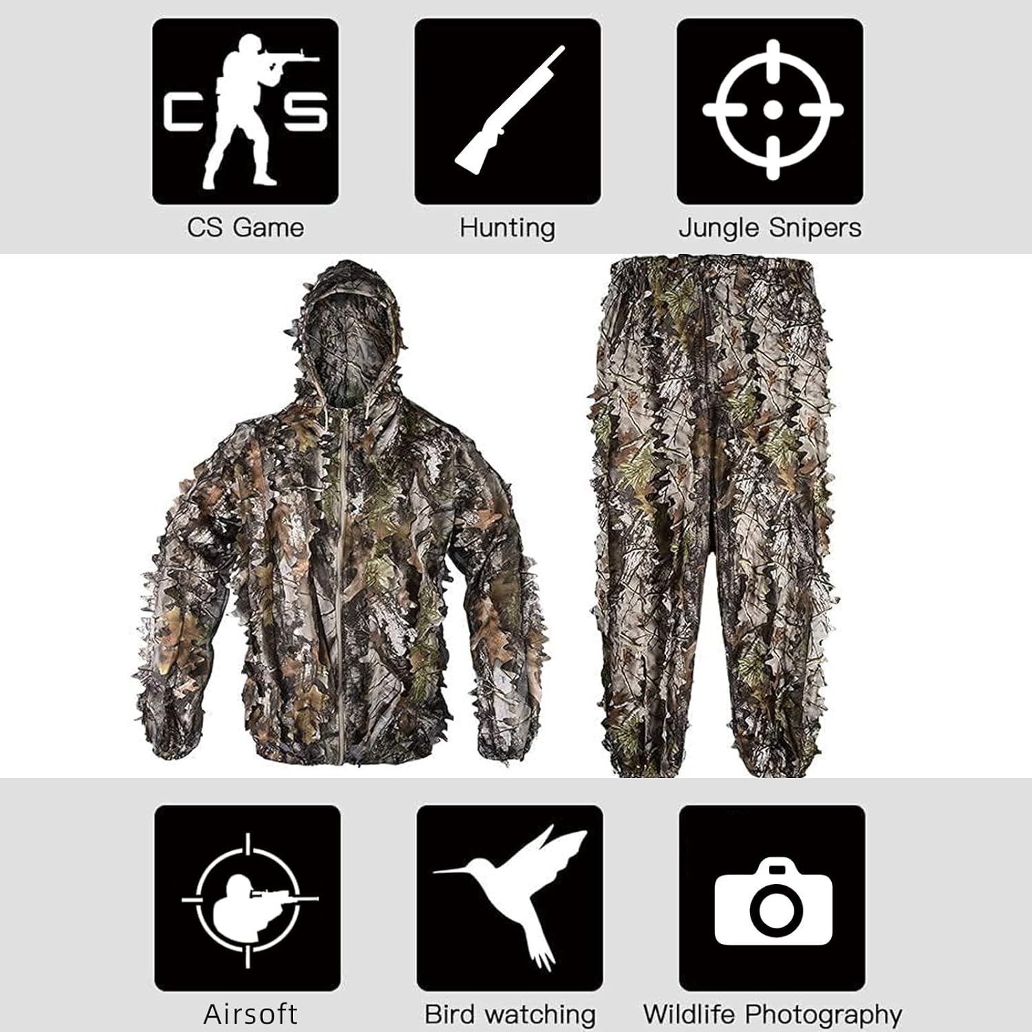 LOOGU Hunting Ghillie Suit, 3D Leafy Camo Suit Military and Shooting Accessories Tactical Gear Clothing